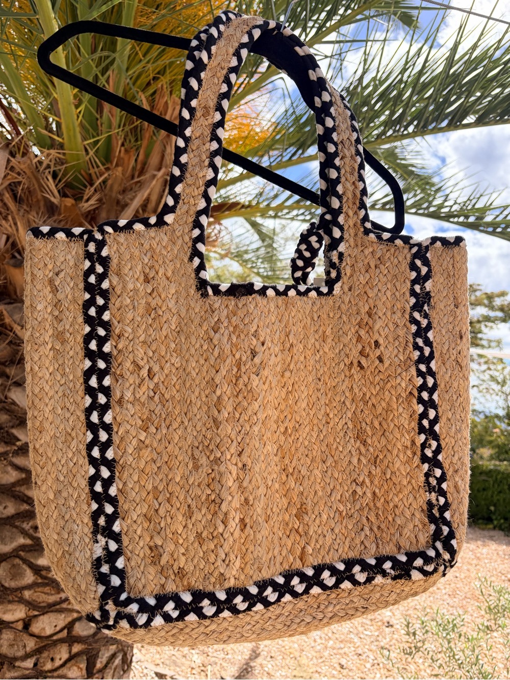 No Boundaries Natural Straw Tote with Black & White Braided Trim
